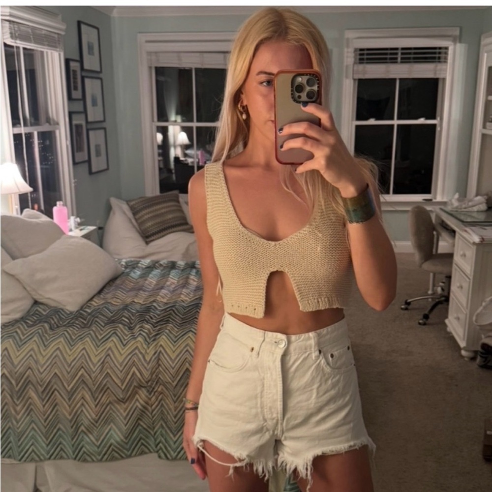 Zara Cream Knit Notch Crop Tank Top